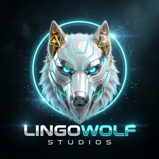 Lingowolf Studios Logo: silberner Cyber-Wolf im türkisen Ring
